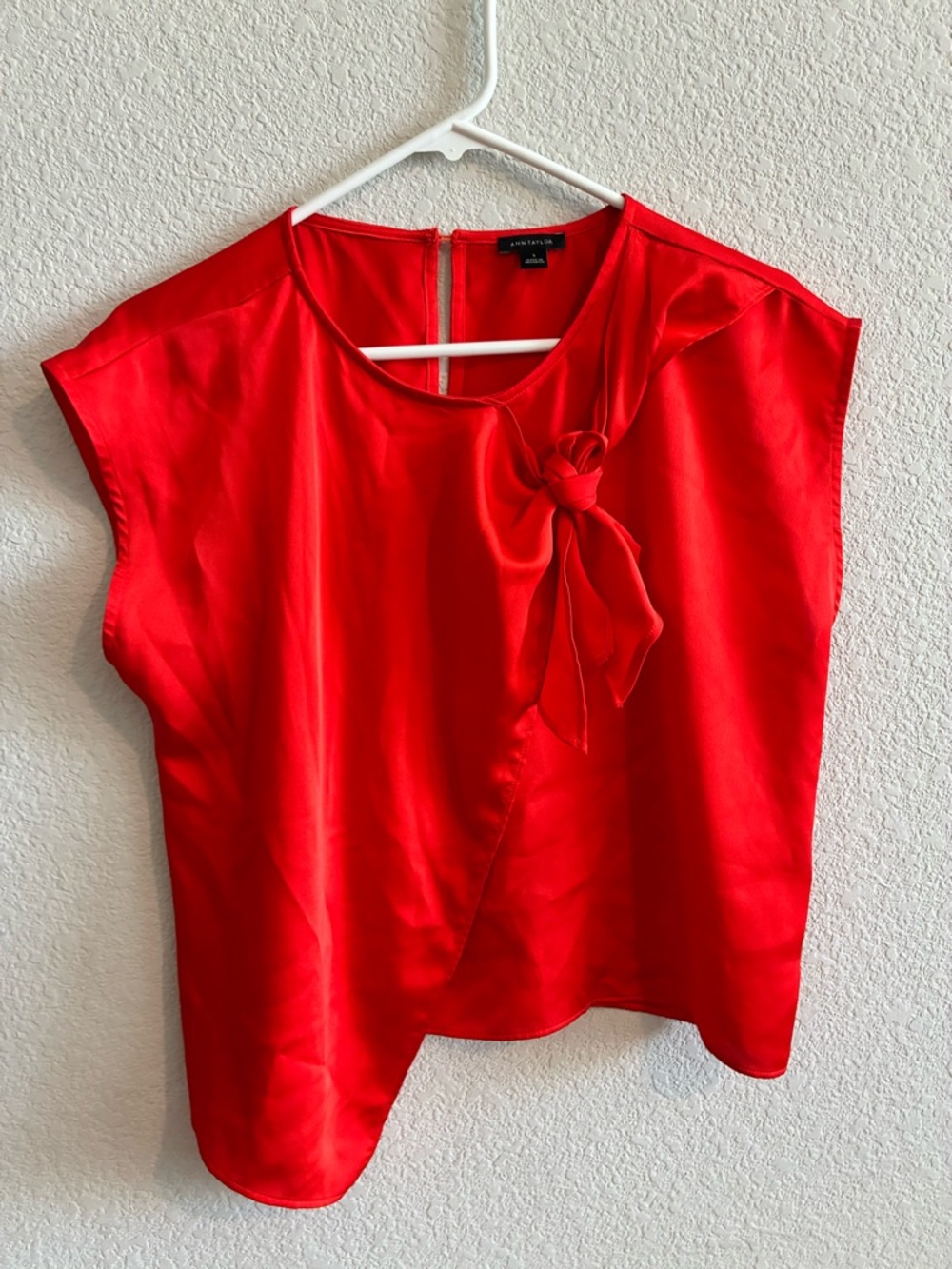 Ann Taylor Red Satin Bow-Detail Cap Sleeve Blouse